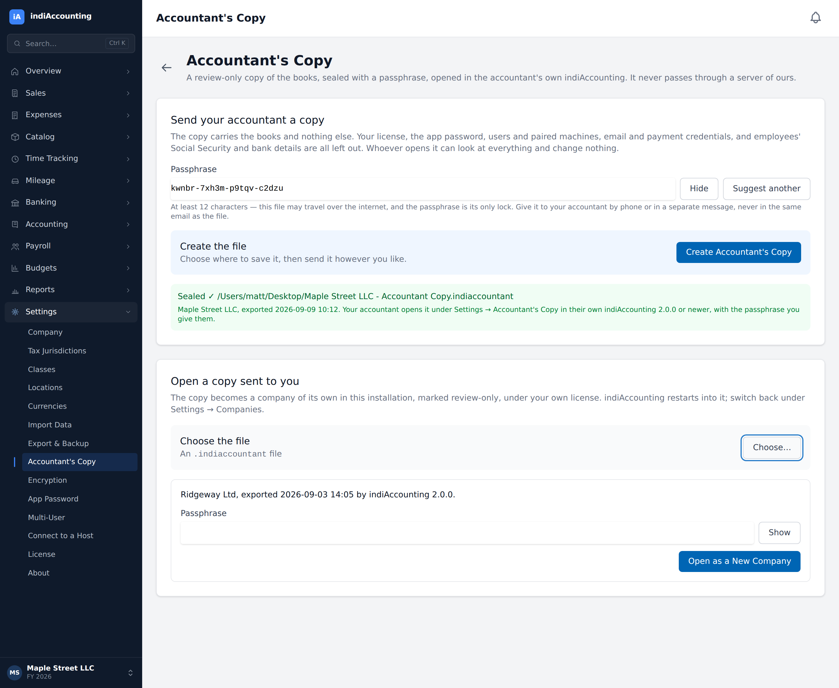 indiAccounting accountant's copy screen