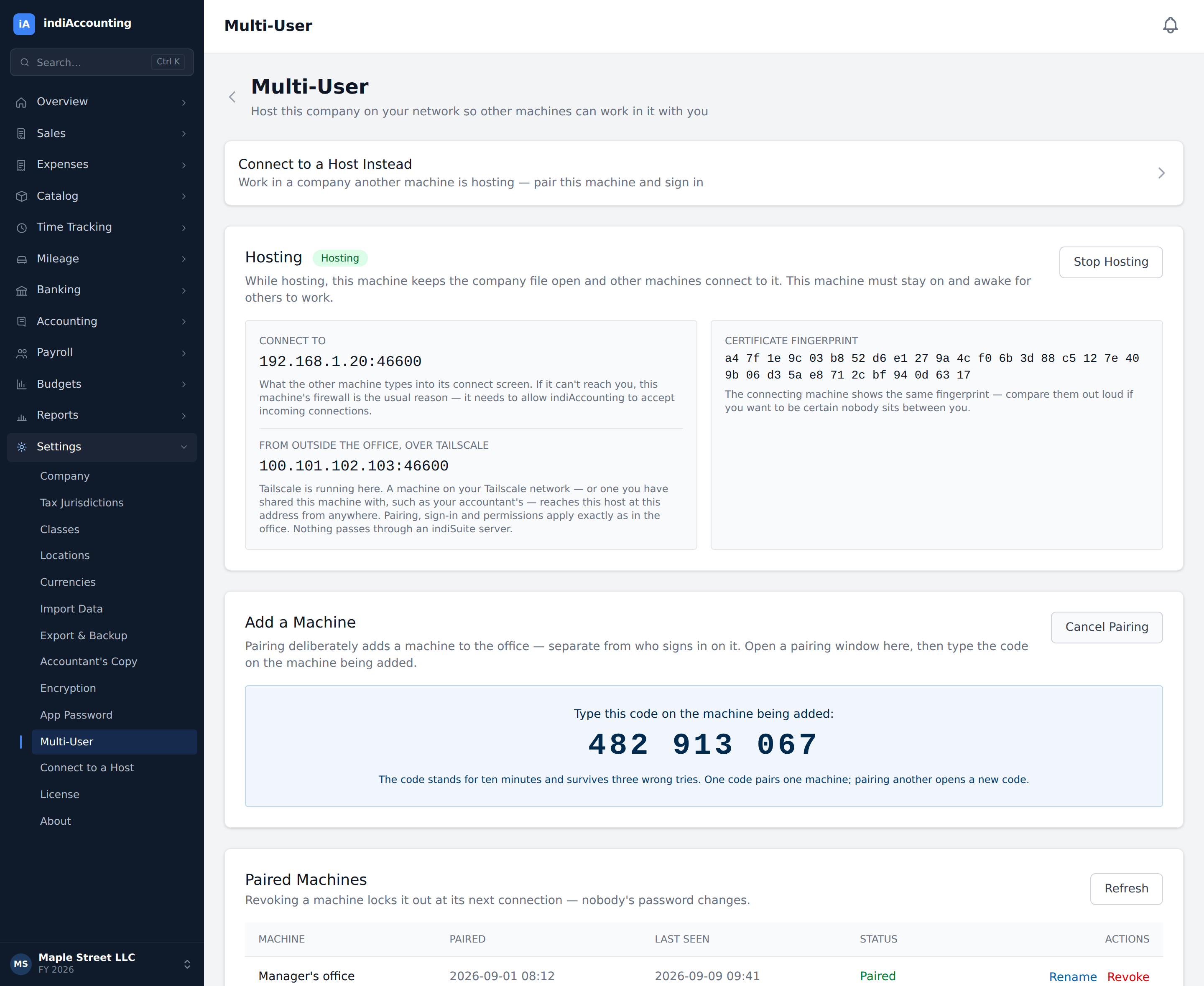 indiAccounting multi-user hosting screen