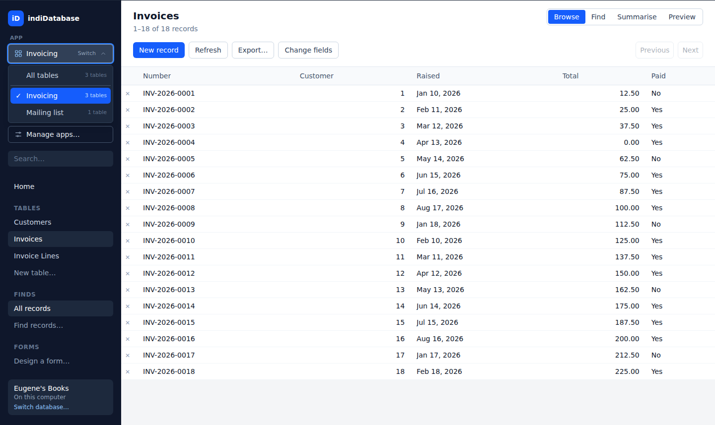 indiDatabase sidebar with the app switcher open, showing the Invoicing app's tables