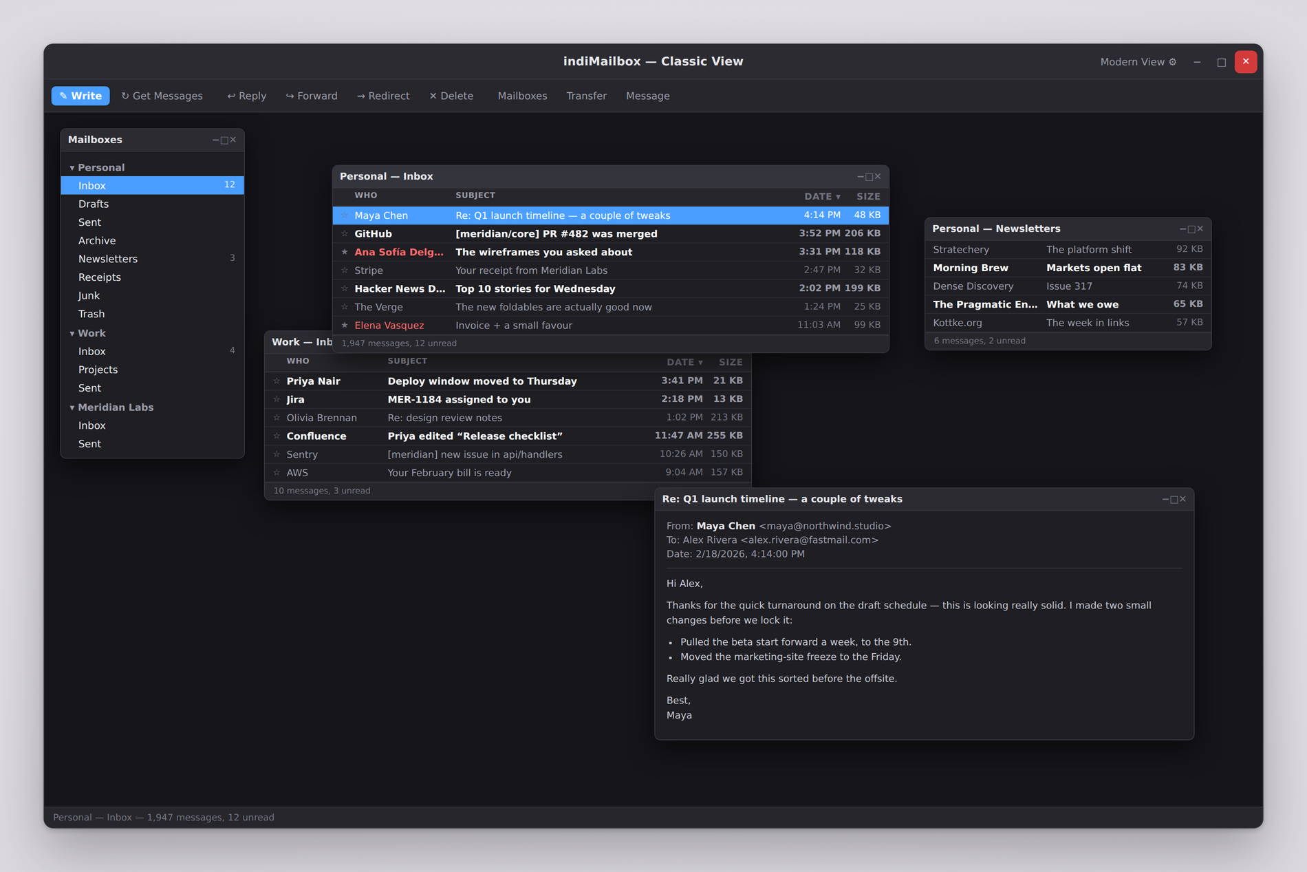 indiMailbox Classic Mode with separate mailbox windows