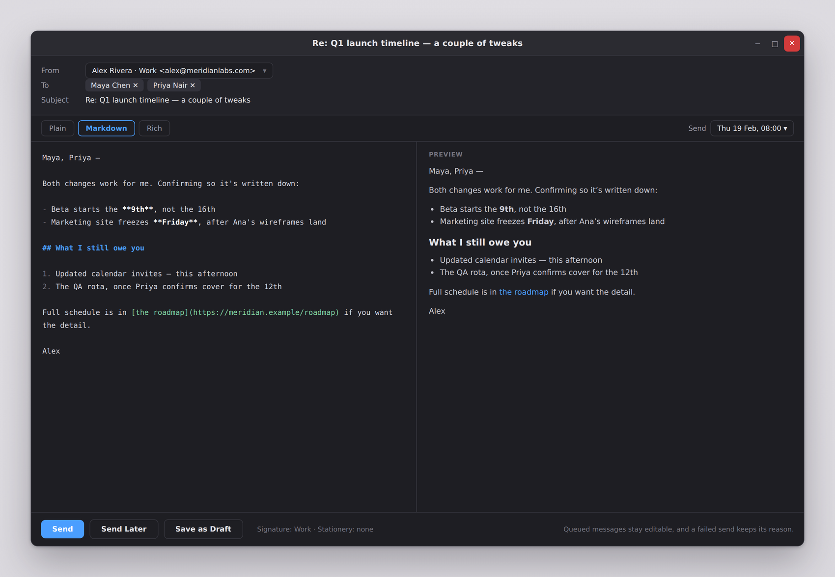 indiMailbox compose window in Markdown mode