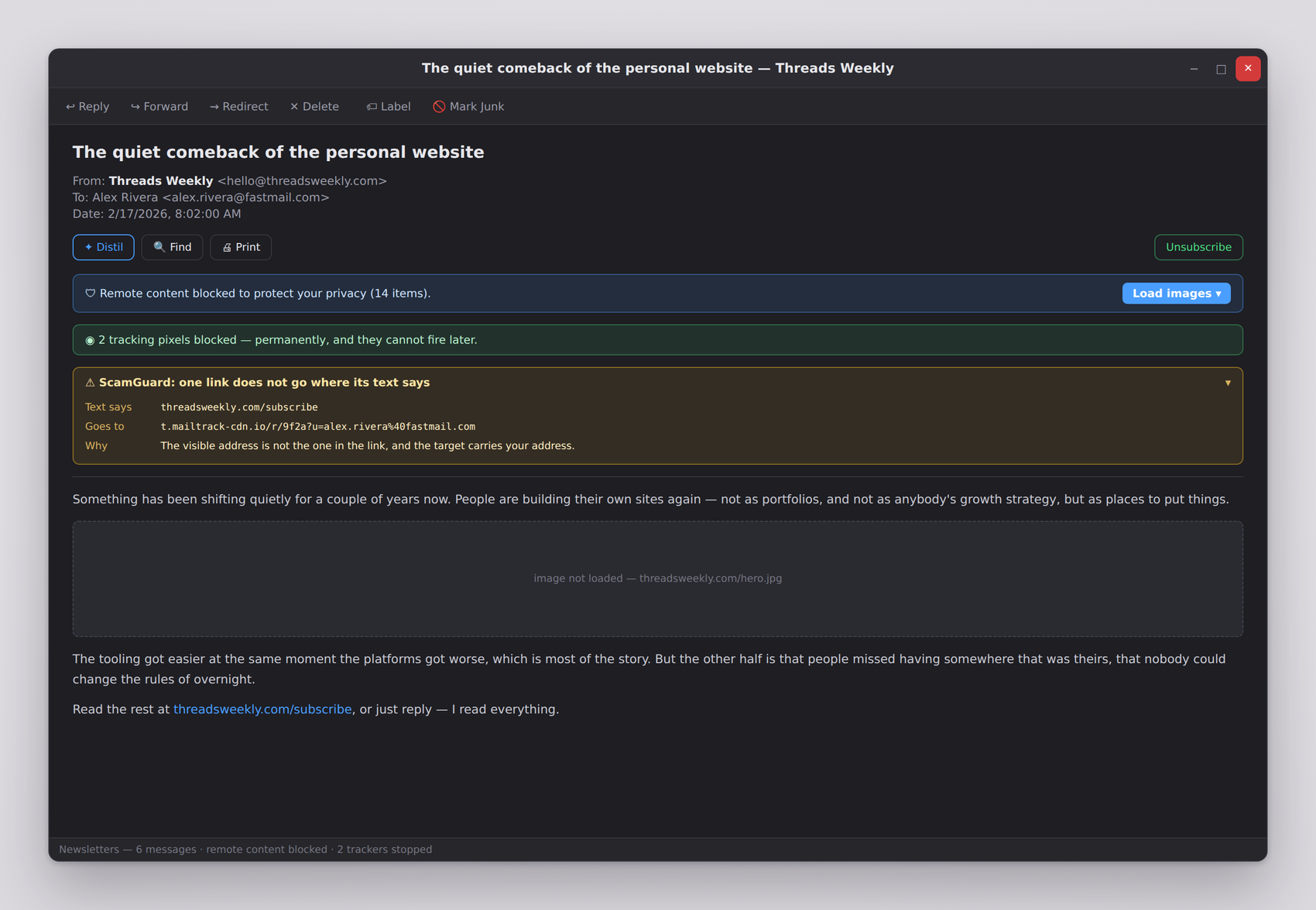 indiMailbox reading pane with remote content blocked