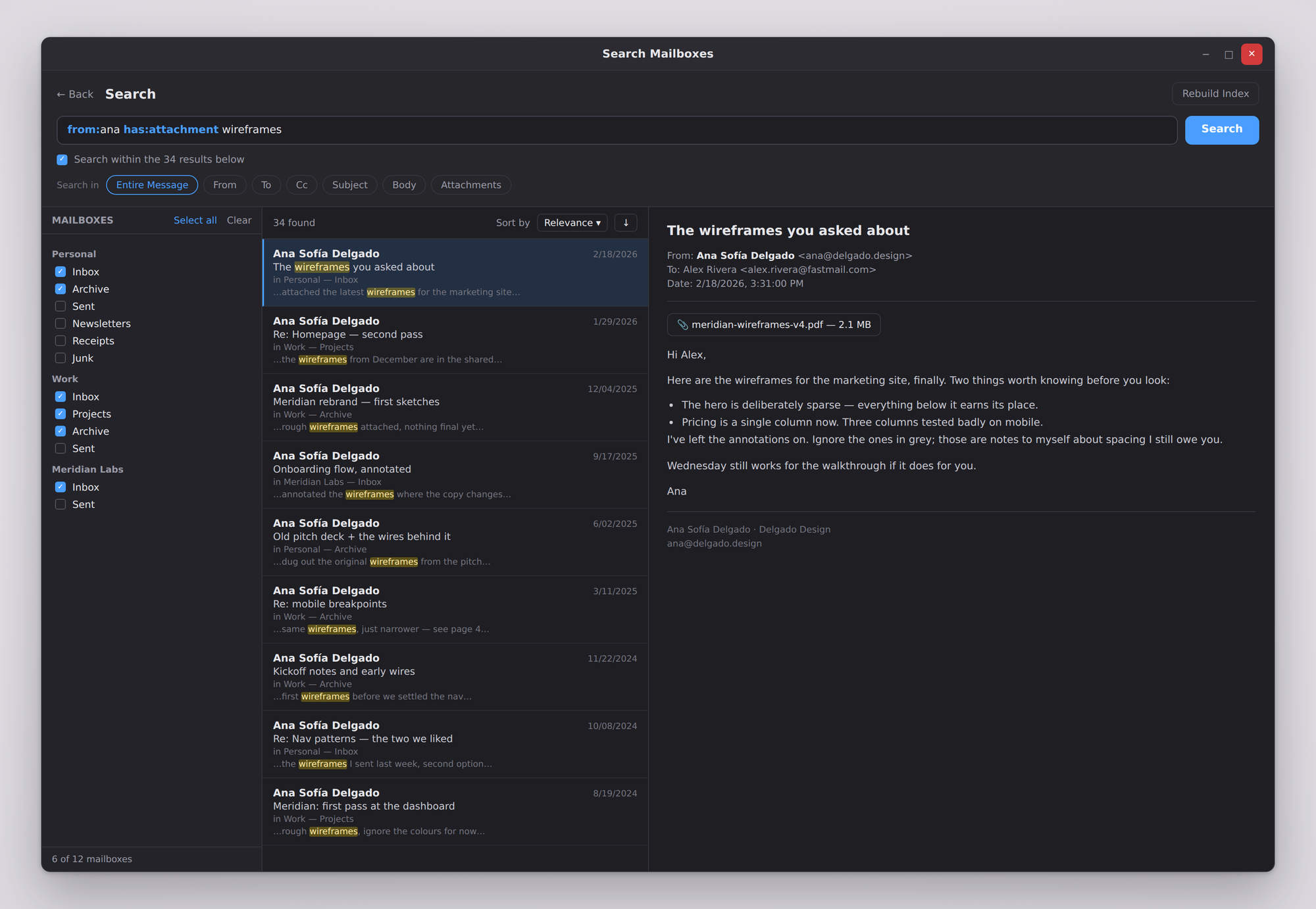 indiMailbox search: mailboxes to search on the left, results in the middle, the selected message on the right